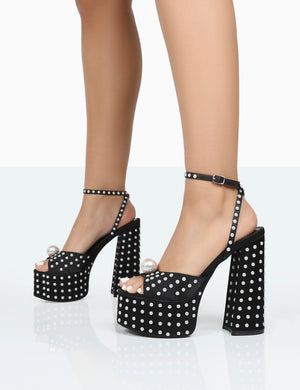 Mia Black Satin Pearl Open Toe Block Platform Heels Public Desire