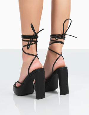 Bring It Wide Fit Black Pu Square Toe Lace Up Strappy Platform Thin Block Heels