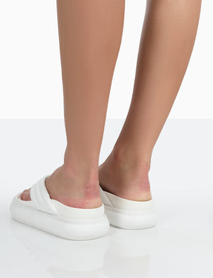Serena White Pu Thong Strap Wedge Slider Sandals