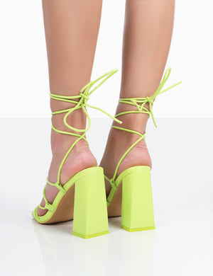 Coco Lime Grain Square Toe Strappy Lace Up Block Heels