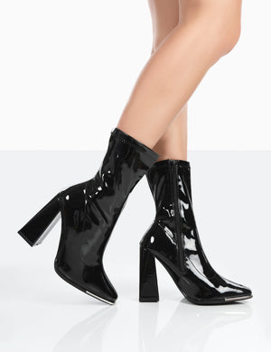 Liberty Wide Fit Black Patent Sock Block Heeled Ankle Boots