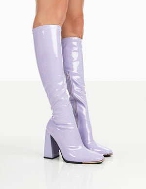 Caryn Lilac Patent Knee High Block Heeled Boots