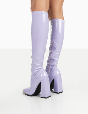 Caryn Lilac Patent Knee High Block Heeled Boots