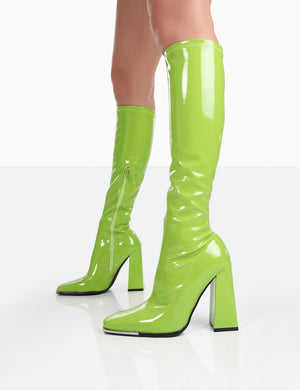 Caryn Lime Patent Knee High Block Heeled Boots