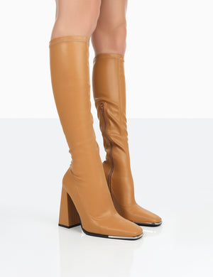 Caryn Camel Grain Pu Patent Knee High Heeled Boots Public Desire