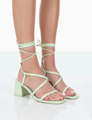 Mabel Wide Fit Mint PU Ankle Tie Mid Block Heeled Sandals