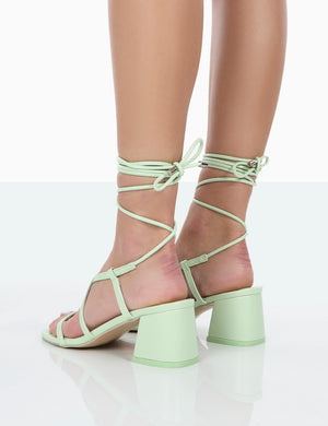 Mabel Wide Fit Mint PU Ankle Tie Mid Block Heeled Sandals Public