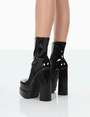 Supine Wide Fit Black Patent Chunky Platform High Heeled Ankle Boots Block