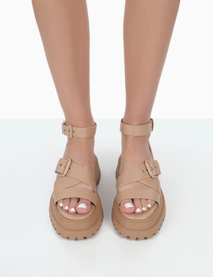 Follow Wide Fit Nude Drench Chunky Buckle Sandals