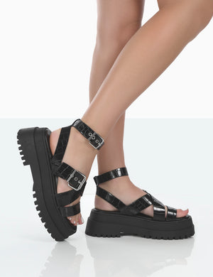 Follow Wide Fit Black PU Croc Chunky Buckle Sandals