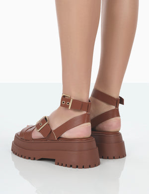 Follow Tan PU Chunky Buckle Sandals