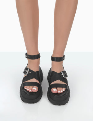Follow Black PU Chunky Buckle Sandals