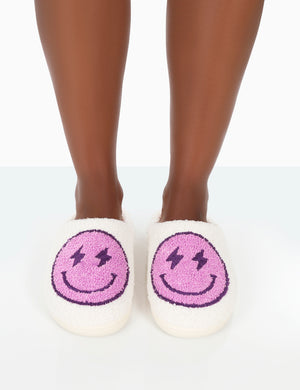 Daze Lilac Printed Smiley Face Slippers