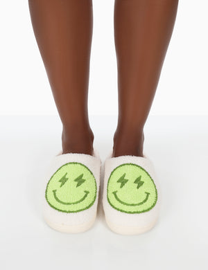 Daze Lime Printed Smiley Face Slippers