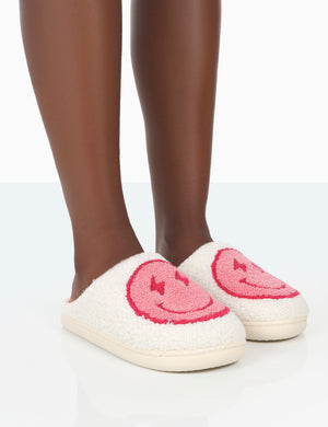 Daze Pink Printed Smiley Face Slippers