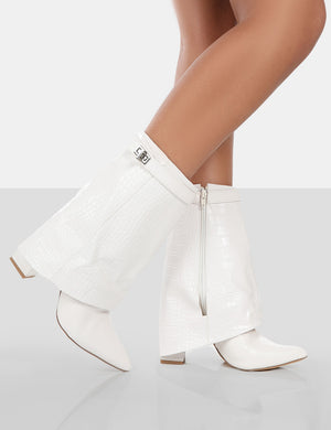 Fyre White Croc Pointed Toe Block Heeled Ankle Boots