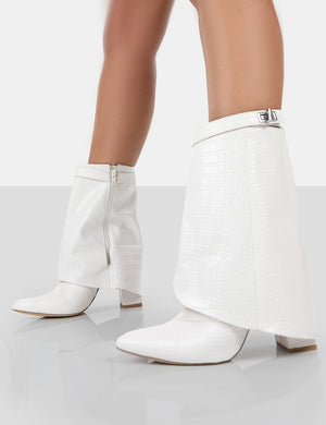 Fyre White Croc Pointed Toe Block Heeled Ankle Boots