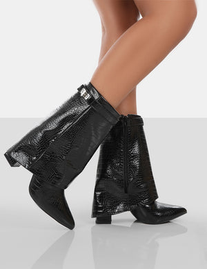 Fyre Black Croc Pointed Toe Block Heeled Ankle Boots