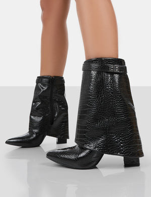 Fyre Black Croc Pointed Toe Block Heeled Ankle Boots