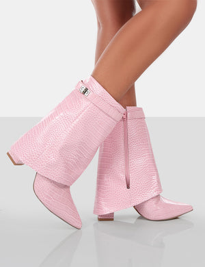 Fyre Baby Pink Croc Pointed Toe Block Heeled Ankle Boots