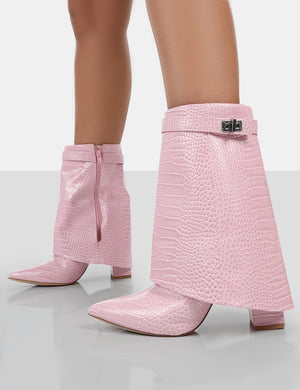 Fyre Baby Pink Croc Pointed Toe Block Heeled Ankle Boots