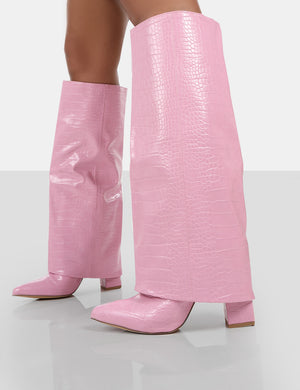 Zendaya Pink Croc Pointed Toe Knee High Block Boots