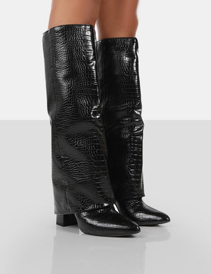Zendaya Black Patent Croc Pointed Toe Knee High Block Boots