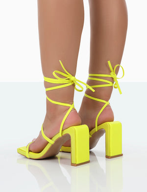 Misha Lime Square Toe Strappy Lace Up Thin Block Heels