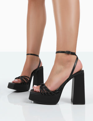 Boujee Black Pu Square Toe Strappy Block Heels