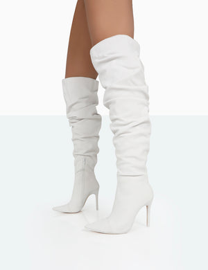 Lariza Off White Faux Suede Pointed Toe Stiletto Over the Knee