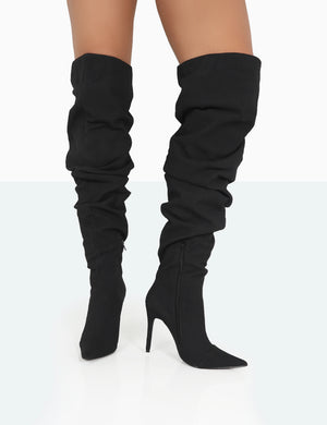 Lariza Black Faux Suede Pointed Toe Stiletto Over the Knee Boots