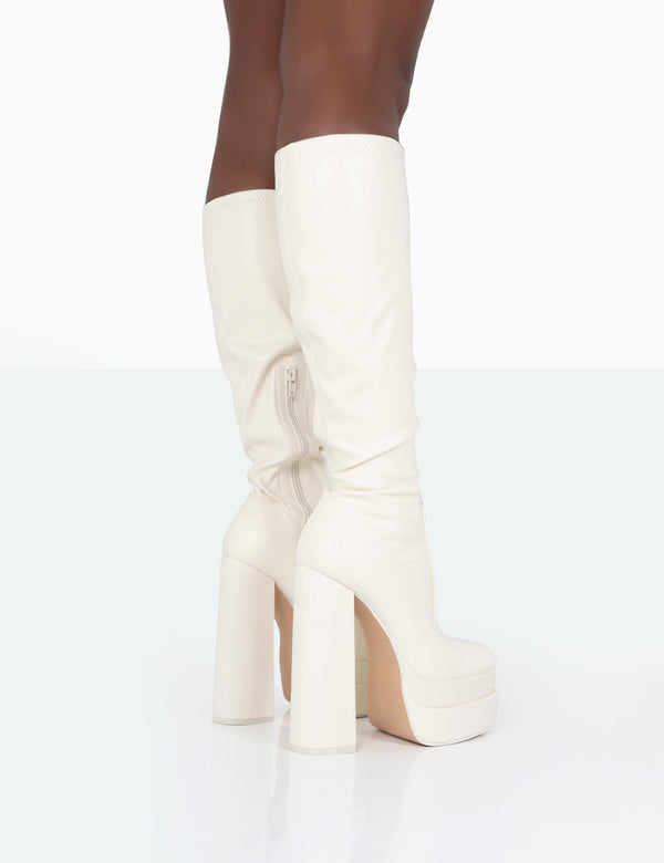 Passive Ecru PU Square Toe Platform Block High Heel Over The Knee Boots ...