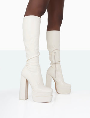 Passive Wide Fit Ecru Pu Square Toe Platform Block High Heel Over the Knee Boots