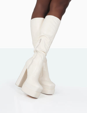 Passive Ecru PU Square Toe Platform Block Heel Over The Knee Boots