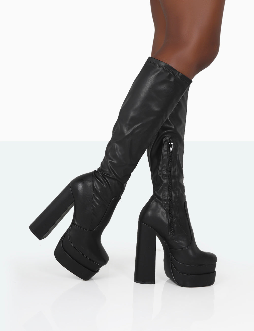 Passive Black PU Square Toe Platform Block High Heel Over The Knee Boots Public Desire