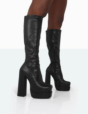 Passive Wide Fit Black Pu Square Toe Platform Block High Heel Over the Knee Boots