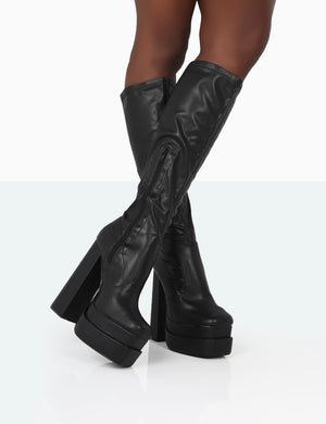 Passive Wide Fit Black Pu Square Toe Platform Block High Heel Over the Knee Boots