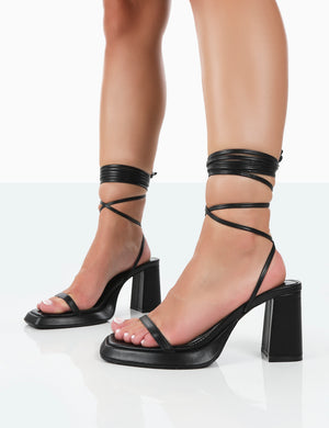 Jaipur Black Grain PU Strappy Squared Toe Mid Heels