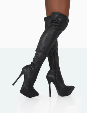 Trixie Black Grain Pu Stiletto Platform Over the Knee Boots