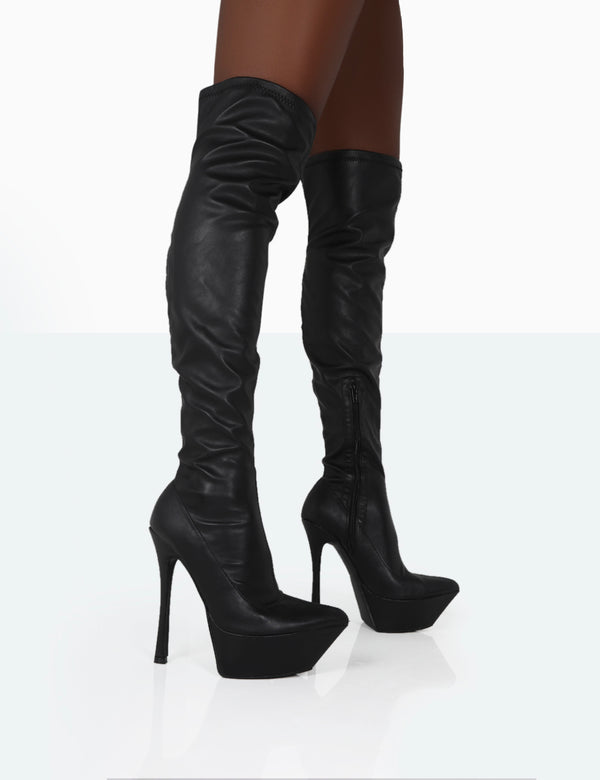 Trixie Black Grain Pu Stiletto Platform Over the Knee Boots