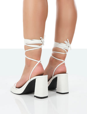 Jaipur White Croc Strappy Squared Toe Mid Heels