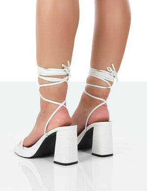 Jaipur White Croc Strappy Squared Toe Mid Heels