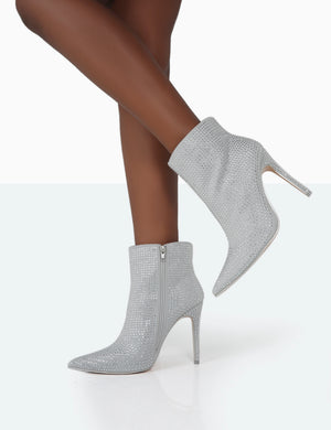 Verona Wide Fit Silver Sparkly Diamante Stiletto Ankle Boots