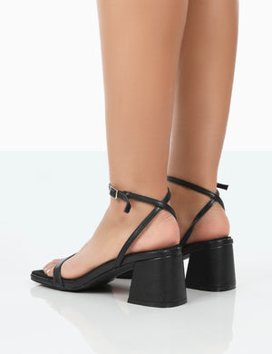 Lane Wide Fit Black Pu Strappy Mid Block Heeled Sandals