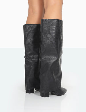 Zendaya Wide Fit Matt Black Croc Pointed Toe Knee High Boots