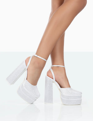 Moonchild White Diamanté Satin Closed Toe Statement Platform Block Heels