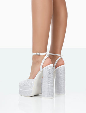 Moonchild White Diamanté Satin Closed Toe Statement Platform Block Heels