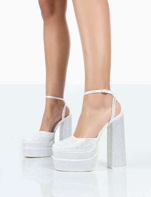 Moonchild White Diamanté Satin Closed Toe Statement Platform Block Heels