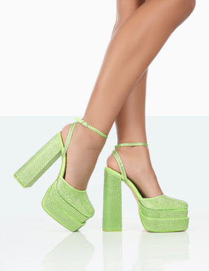 Moonchild Lime Sparkly Diamanté Satin Closed Toe Statement Platform Block Heels