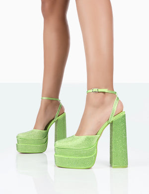 Moonchild Lime Sparkly Diamanté Satin Closed Toe Statement Platform Block Heels